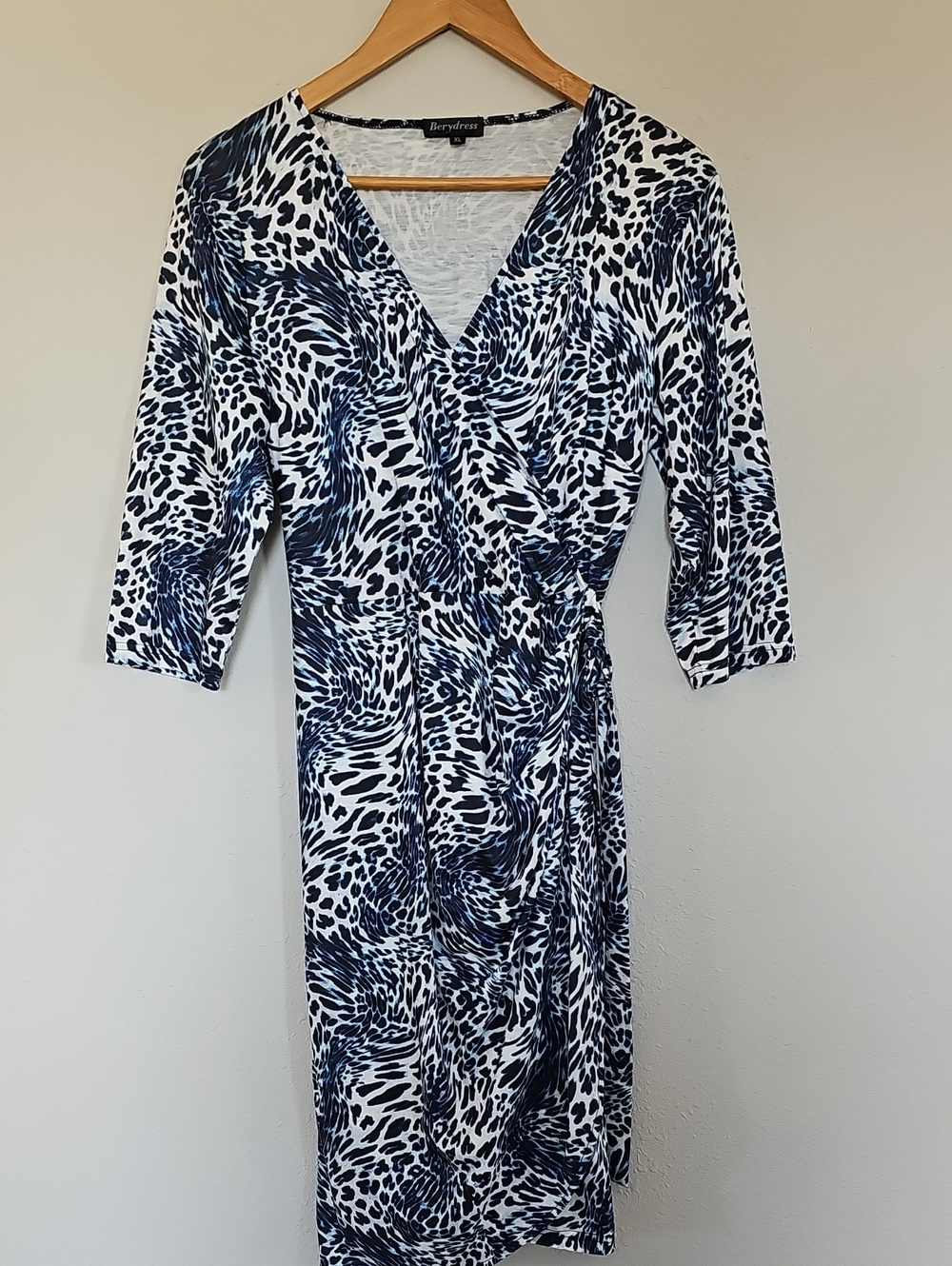 Navy and White Animal-Print Wrap Midi Dress
